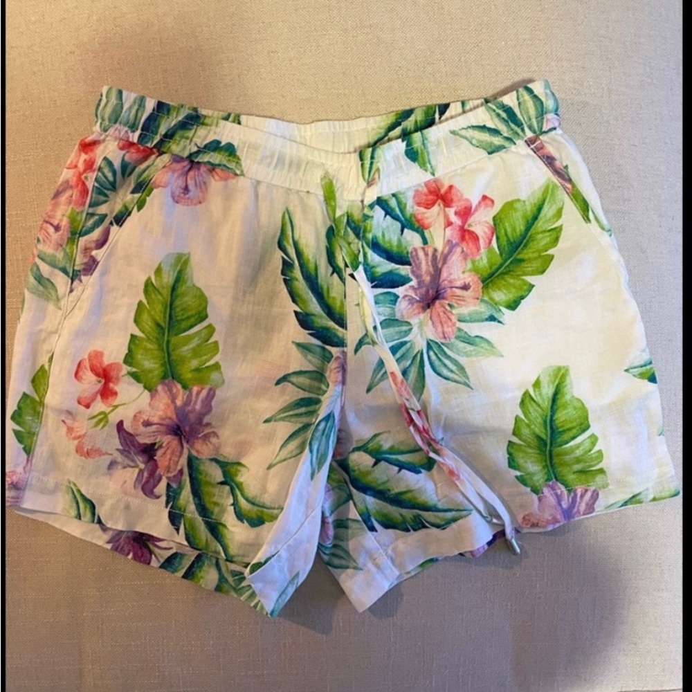 TOMMY BAHAMA High-Rise Linen Easy Shorts White Villa Ibisco floral leaf Size XS